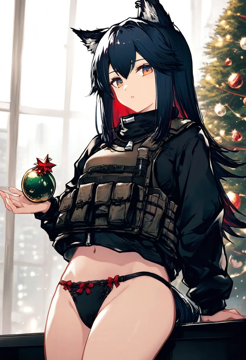 [[tokiame]], - 1girl,texas \(arknights\),arknights,underwear,tactical vest,christmas tree,christmas ornaments,