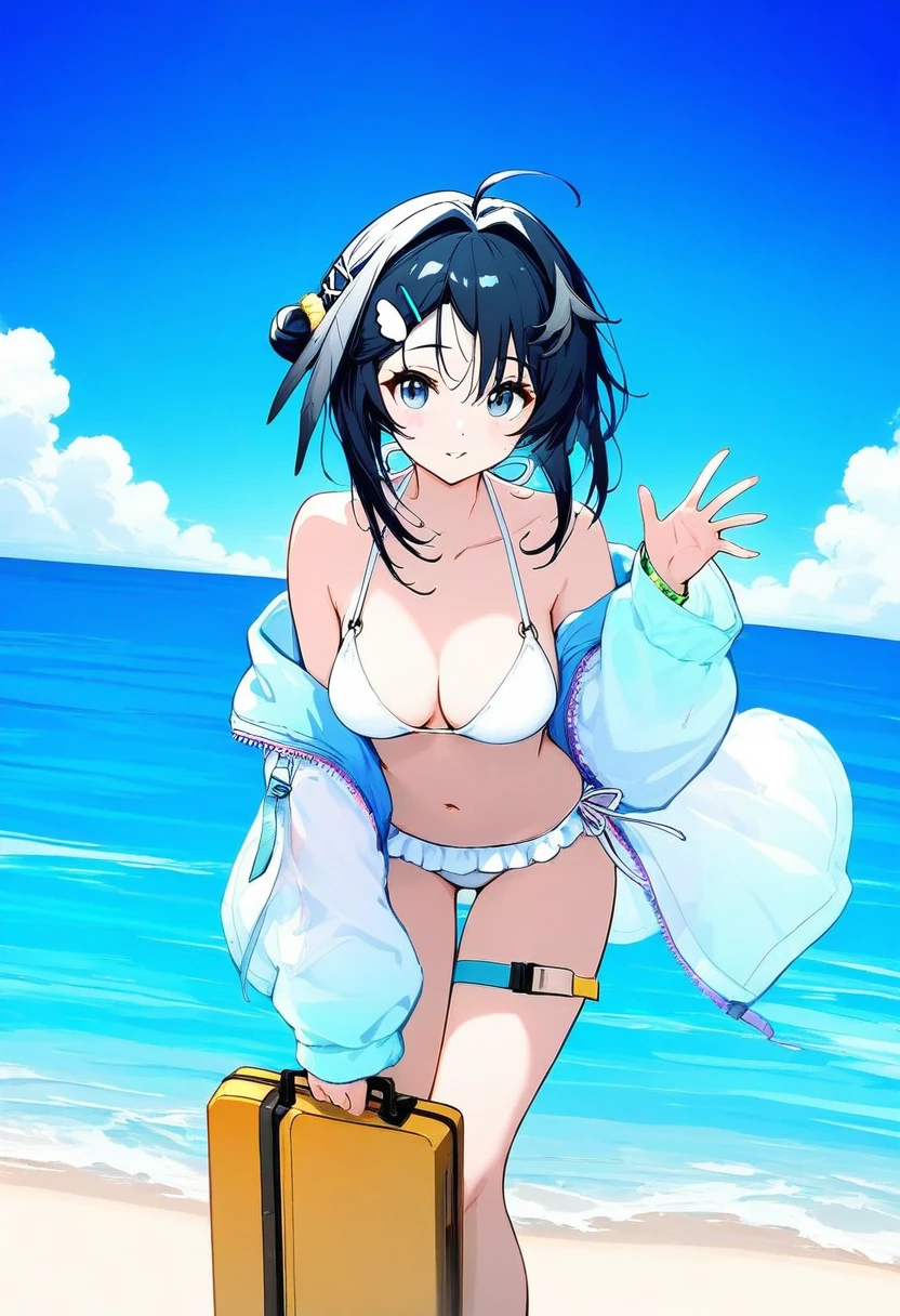 [[tokiame]], - 1girl,la pluma \(summer flowers\) \(arknights\),arknights,white bikini,outdoors,navel,day,sky,blue sky,beach,suitcase,looking at viewer,ocean,low-tied long hair,leaning forward,standing,holding,frills,hand up,bare shoulders,floating hair,