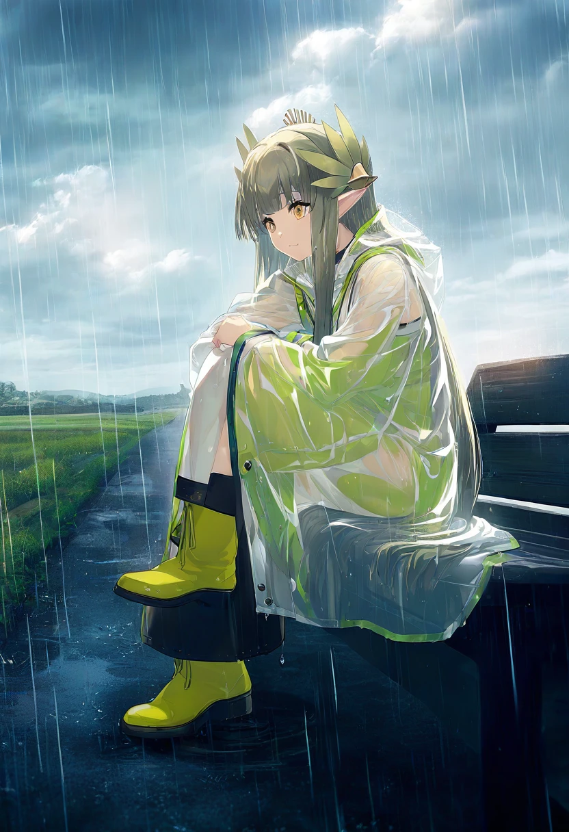 [[tokiame]], - 1girl,muelsyse \(arknights\),arknights,cloudy sky,grass,on bench,outdoors,rain,road,yellow rubber boots,see-through coat,sitting,transparent raincoat,water drop,