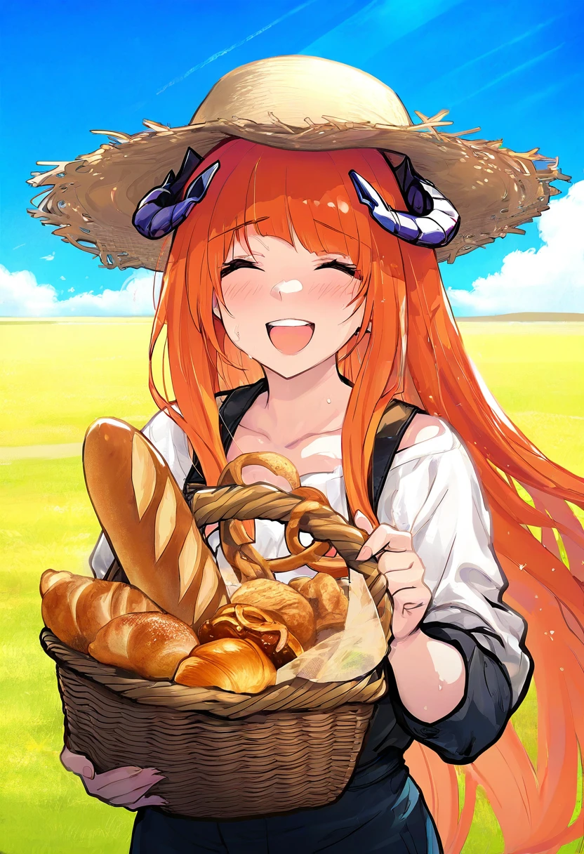 [[tokiame]], - 1girl,bagpipe \(arknights\),arknights,baguette,blush,bread,croissant,holding basket,pretzel,upper body,straw hat,field,sky,laughing,sweat,sunlight,