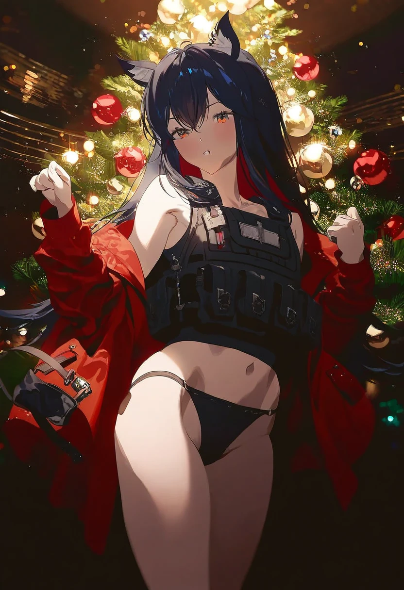 fajyobore, - 1girl,texas \(arknights\),arknights,underwear,tactical vest,christmas tree,christmas ornaments,