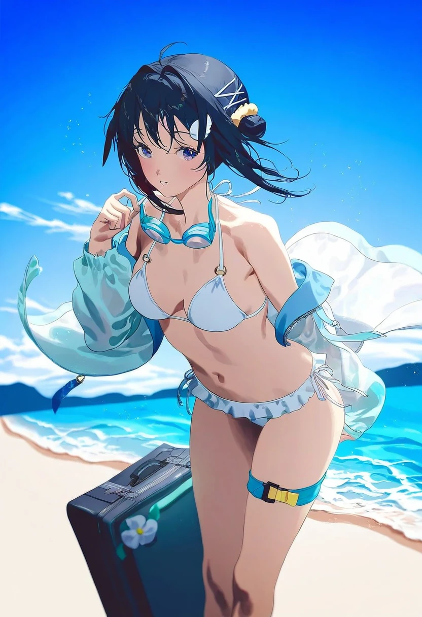 fajyobore, - 1girl,la pluma \(summer flowers\) \(arknights\),arknights,white bikini,outdoors,navel,day,sky,blue sky,beach,suitcase,looking at viewer,ocean,low-tied long hair,leaning forward,standing,holding,frills,hand up,bare shoulders,floating hair,
