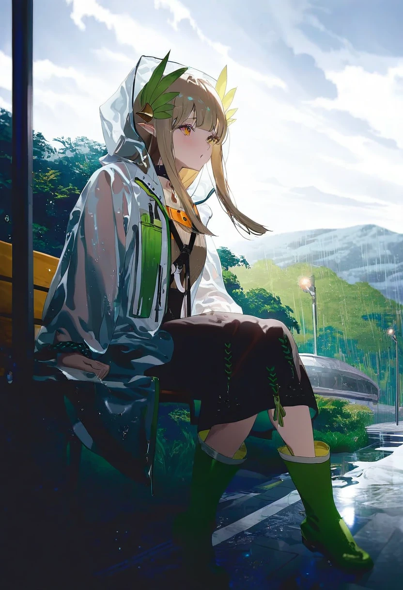 fajyobore, - 1girl,muelsyse \(arknights\),arknights,cloudy sky,grass,on bench,outdoors,rain,road,yellow rubber boots,see-through coat,sitting,transparent raincoat,water drop,