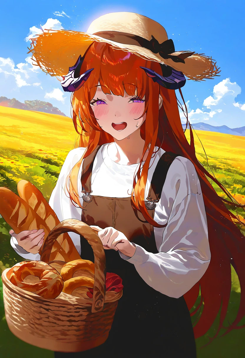 fajyobore, - 1girl,bagpipe \(arknights\),arknights,baguette,blush,bread,croissant,holding basket,pretzel,upper body,straw hat,field,sky,laughing,sweat,sunlight,