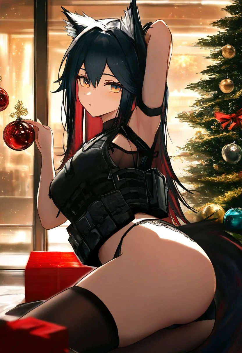 houk1se1, - 1girl,texas \(arknights\),arknights,underwear,tactical vest,christmas tree,christmas ornaments,