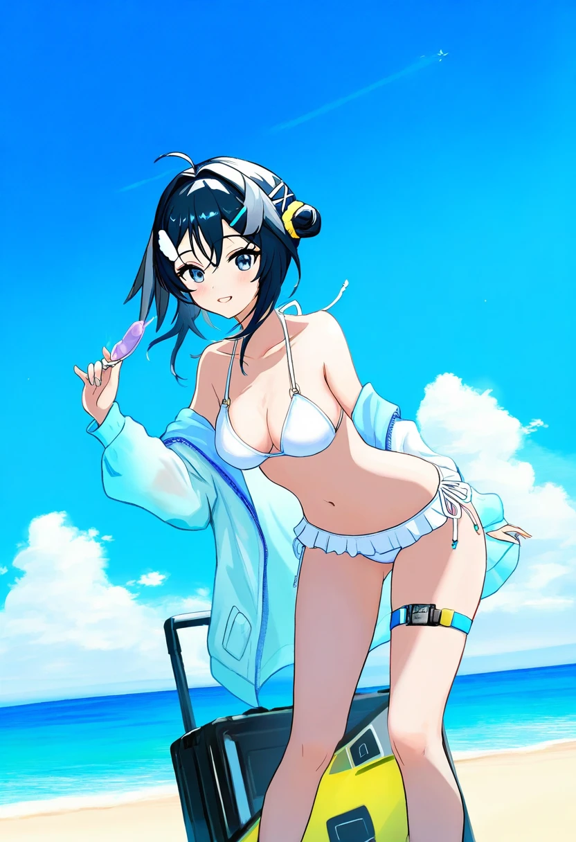 houk1se1, - 1girl,la pluma \(summer flowers\) \(arknights\),arknights,white bikini,outdoors,navel,day,sky,blue sky,beach,suitcase,looking at viewer,ocean,low-tied long hair,leaning forward,standing,holding,frills,hand up,bare shoulders,floating hair,