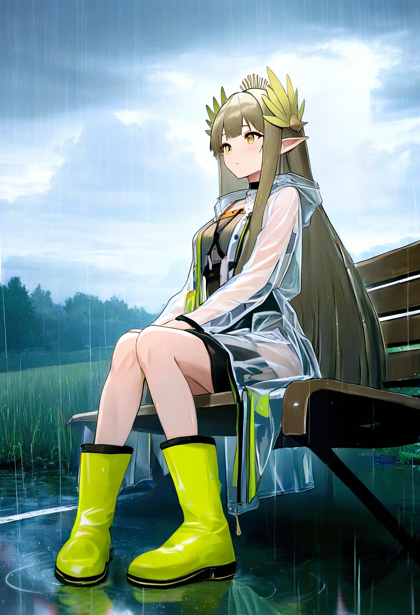 houk1se1, - 1girl,muelsyse \(arknights\),arknights,cloudy sky,grass,on bench,outdoors,rain,road,yellow rubber boots,see-through coat,sitting,transparent raincoat,water drop,