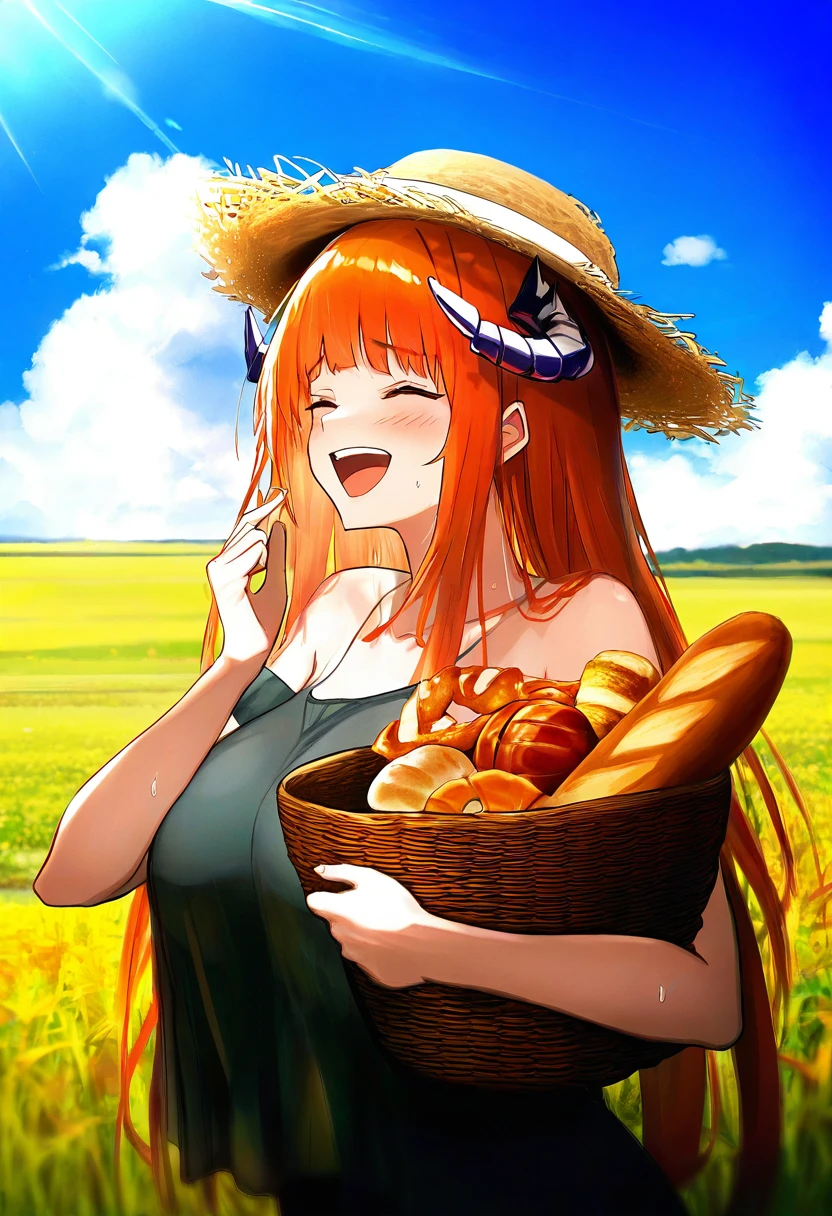 houk1se1, - 1girl,bagpipe \(arknights\),arknights,baguette,blush,bread,croissant,holding basket,pretzel,upper body,straw hat,field,sky,laughing,sweat,sunlight,