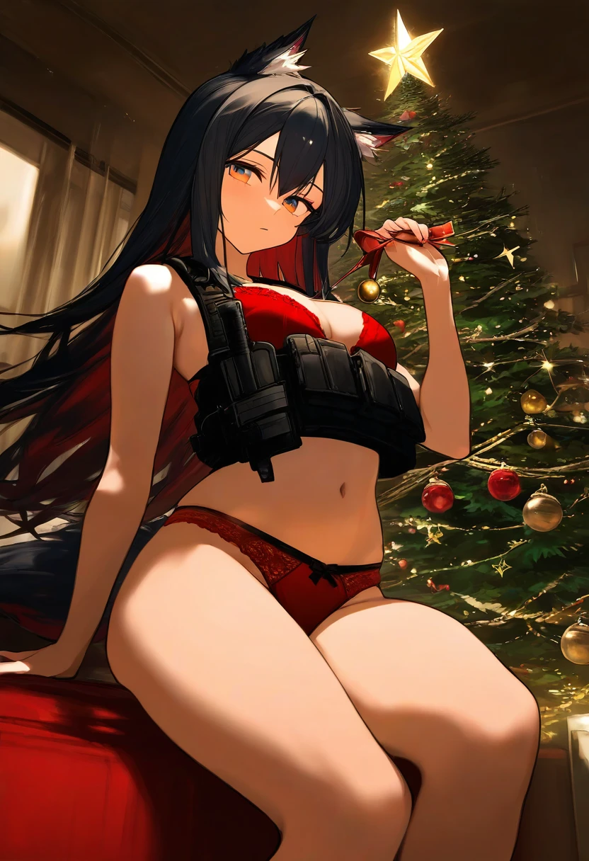 lpmya, - 1girl,texas \(arknights\),arknights,underwear,tactical vest,christmas tree,christmas ornaments,