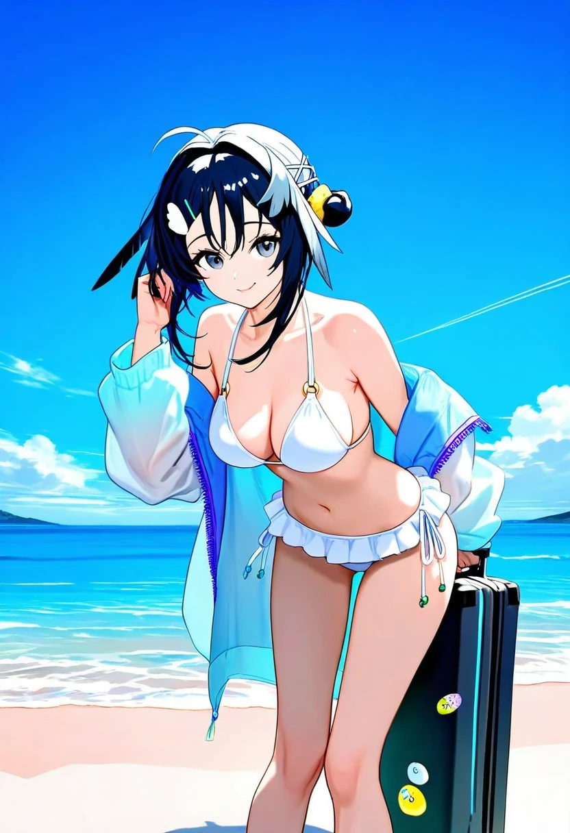 lpmya, - 1girl,la pluma \(summer flowers\) \(arknights\),arknights,white bikini,outdoors,navel,day,sky,blue sky,beach,suitcase,looking at viewer,ocean,low-tied long hair,leaning forward,standing,holding,frills,hand up,bare shoulders,floating hair,