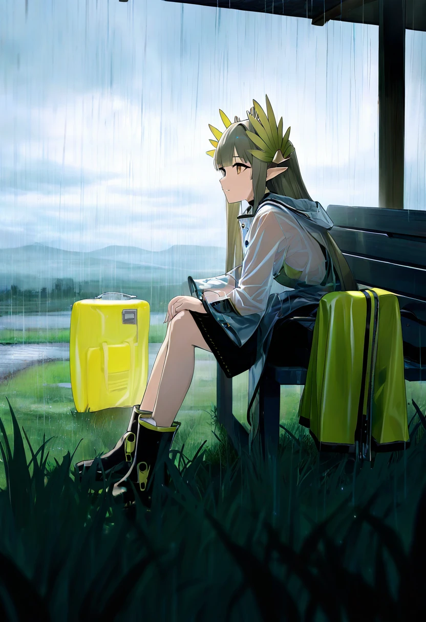 lpmya, - 1girl,muelsyse \(arknights\),arknights,cloudy sky,grass,on bench,outdoors,rain,road,yellow rubber boots,see-through coat,sitting,transparent raincoat,water drop,