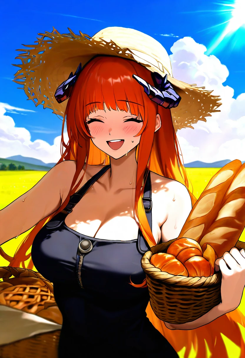 lpmya, - 1girl,bagpipe \(arknights\),arknights,baguette,blush,bread,croissant,holding basket,pretzel,upper body,straw hat,field,sky,laughing,sweat,sunlight,