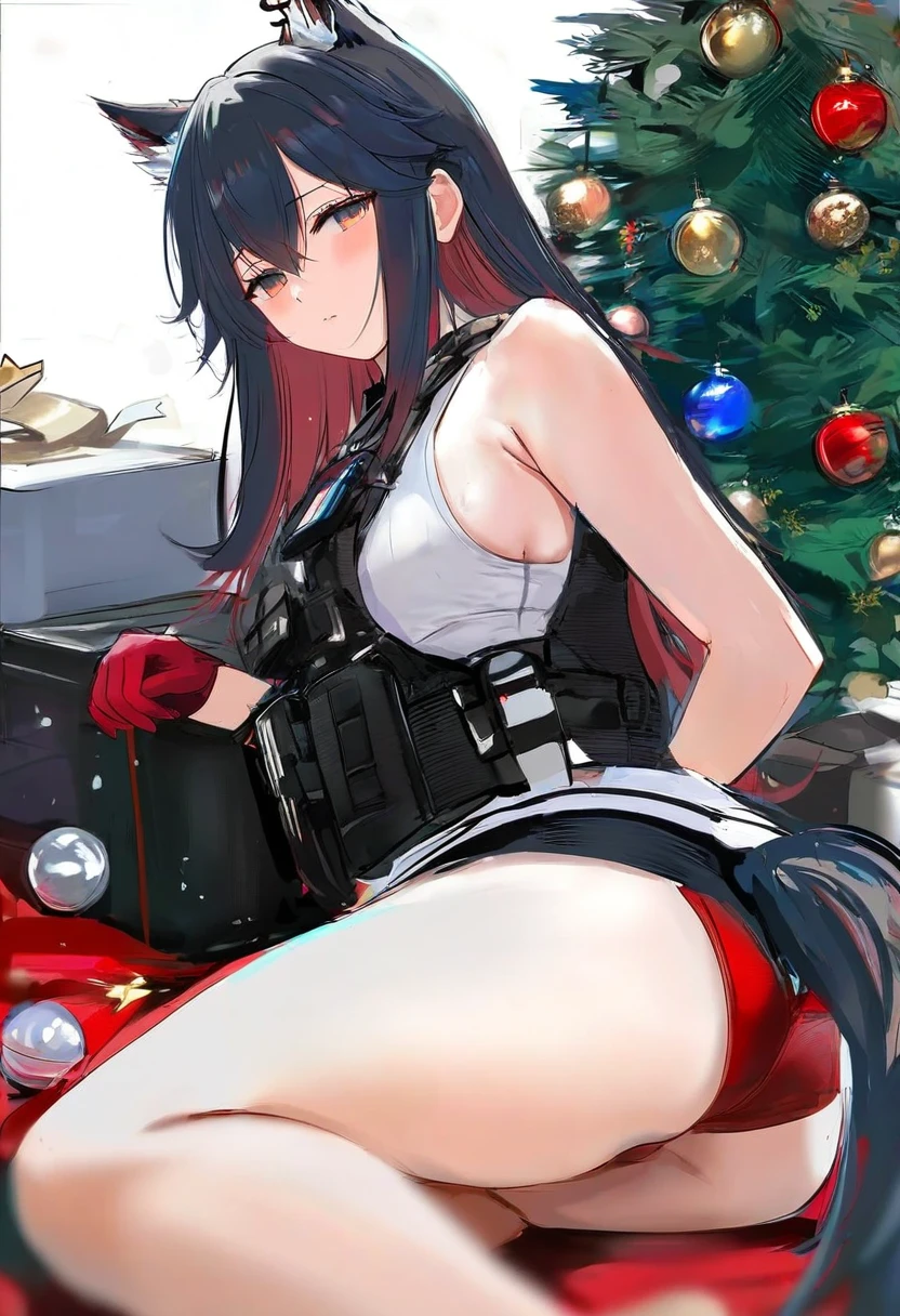 misaki12003, - 1girl,texas \(arknights\),arknights,underwear,tactical vest,christmas tree,christmas ornaments,