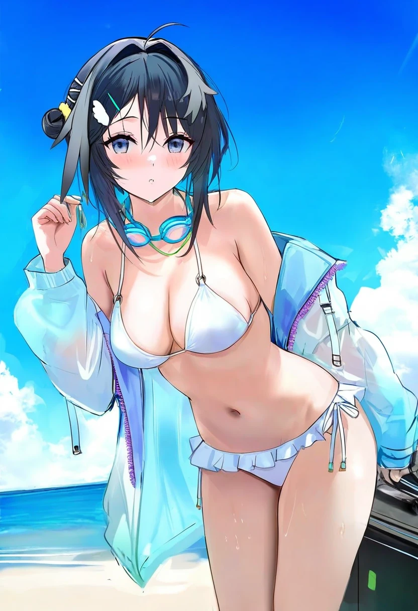 misaki12003, - 1girl,la pluma \(summer flowers\) \(arknights\),arknights,white bikini,outdoors,navel,day,sky,blue sky,beach,suitcase,looking at viewer,ocean,low-tied long hair,leaning forward,standing,holding,frills,hand up,bare shoulders,floating hair,