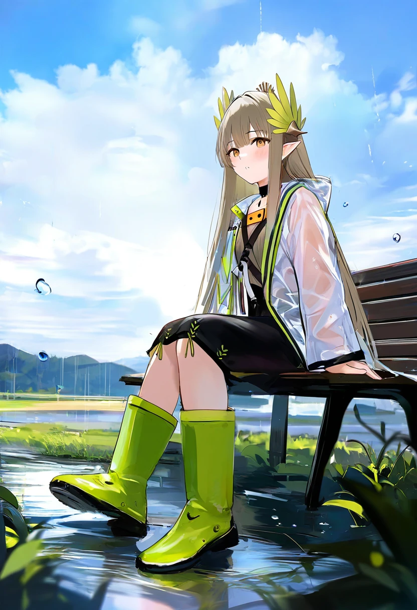 misaki12003, - 1girl,muelsyse \(arknights\),arknights,cloudy sky,grass,on bench,outdoors,rain,road,yellow rubber boots,see-through coat,sitting,transparent raincoat,water drop,