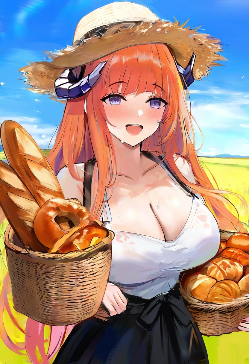 misaki12003, - 1girl,bagpipe \(arknights\),arknights,baguette,blush,bread,croissant,holding basket,pretzel,upper body,straw hat,field,sky,laughing,sweat,sunlight,