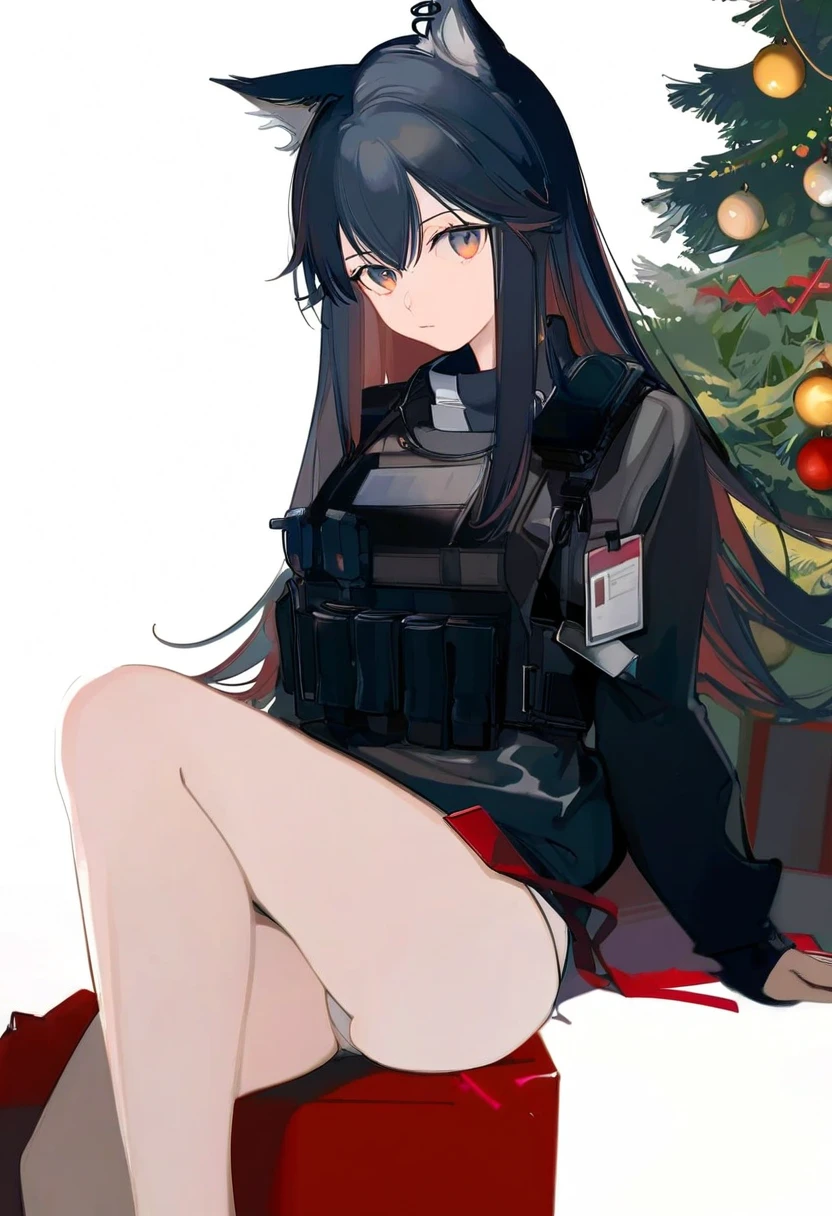 ((nineo)), - 1girl,texas \(arknights\),arknights,underwear,tactical vest,christmas tree,christmas ornaments,