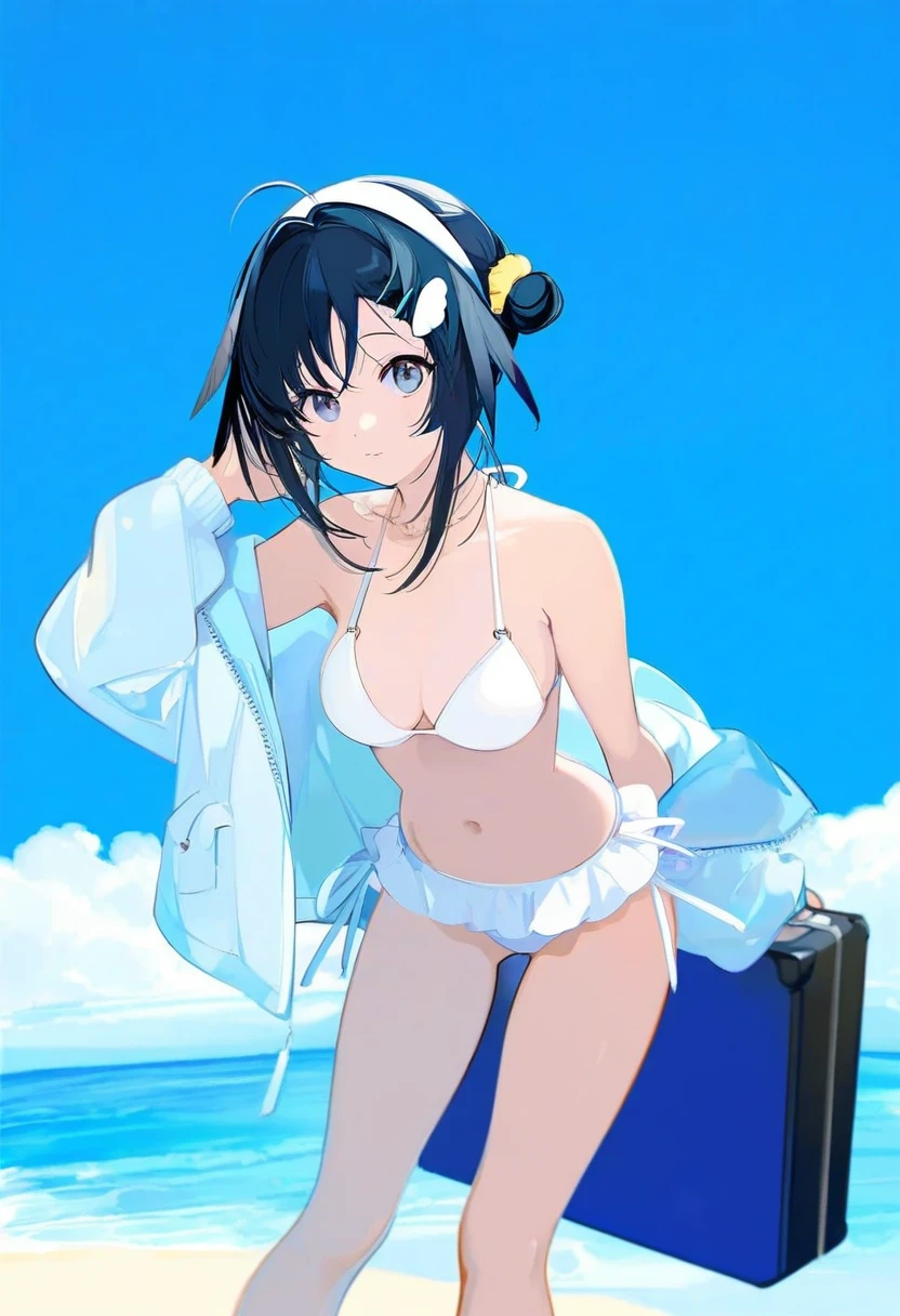 ((nineo)), - 1girl,la pluma \(summer flowers\) \(arknights\),arknights,white bikini,outdoors,navel,day,sky,blue sky,beach,suitcase,looking at viewer,ocean,low-tied long hair,leaning forward,standing,holding,frills,hand up,bare shoulders,floating hair,