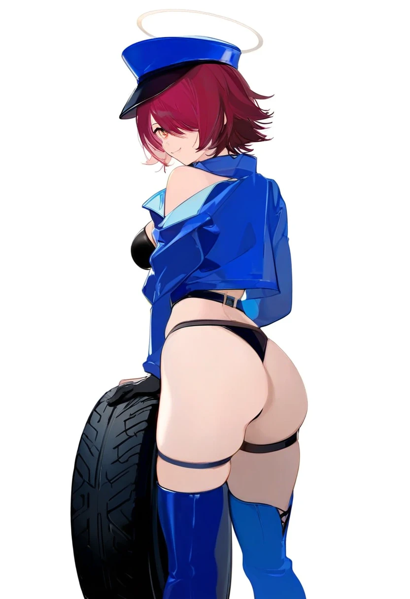 ((nineo)), - 1girl,exusiai \(arknights\),arknights,black gloves,black panties,blue thigh boots,blue hat,blue jacket,long sleeves,race queen,thigh strap,thong,single bare shoulder,skindentation,tire,