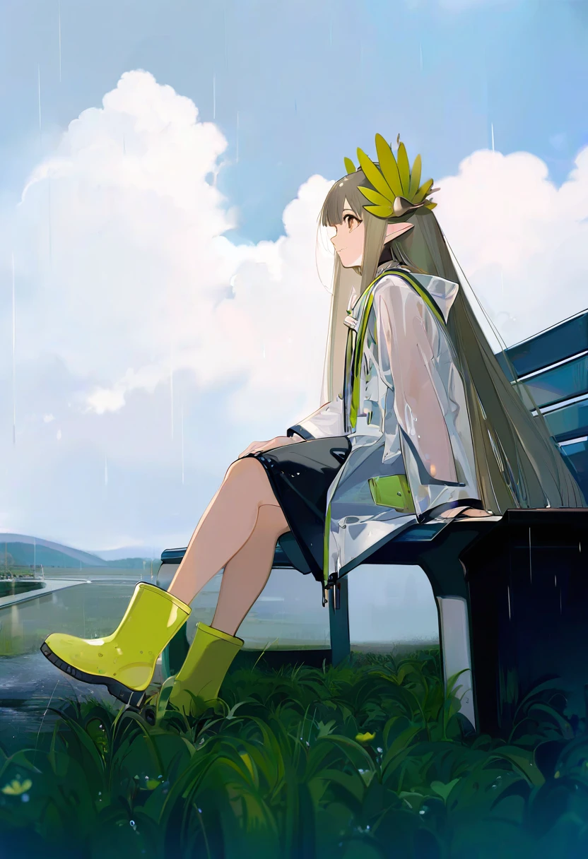 ((nineo)), - 1girl,muelsyse \(arknights\),arknights,cloudy sky,grass,on bench,outdoors,rain,road,yellow rubber boots,see-through coat,sitting,transparent raincoat,water drop,