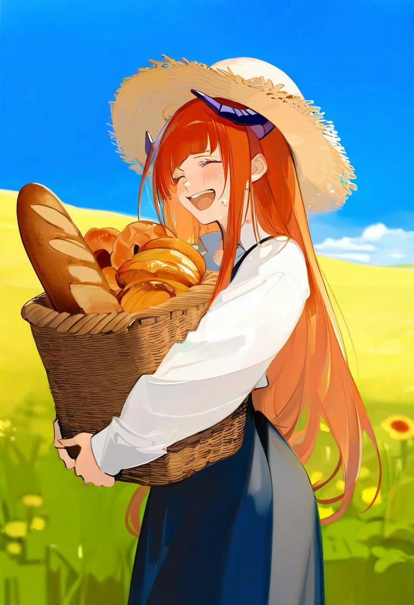 ((nineo)), - 1girl,bagpipe \(arknights\),arknights,baguette,blush,bread,croissant,holding basket,pretzel,upper body,straw hat,field,sky,laughing,sweat,sunlight,
