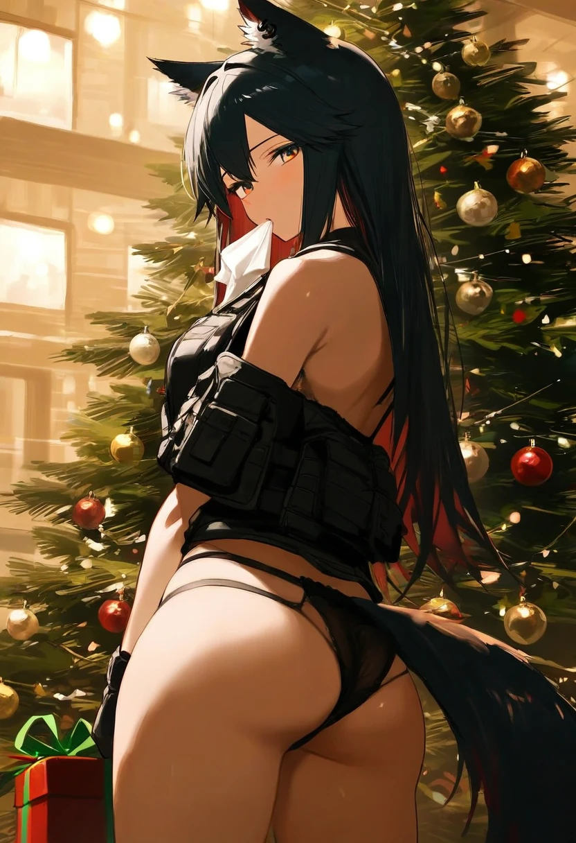 ((rag ragk)), - 1girl,texas \(arknights\),arknights,underwear,tactical vest,christmas tree,christmas ornaments,