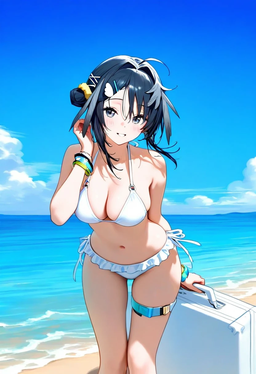 ((rag ragk)), - 1girl,la pluma \(summer flowers\) \(arknights\),arknights,white bikini,outdoors,navel,day,sky,blue sky,beach,suitcase,looking at viewer,ocean,low-tied long hair,leaning forward,standing,holding,frills,hand up,bare shoulders,floating hair,