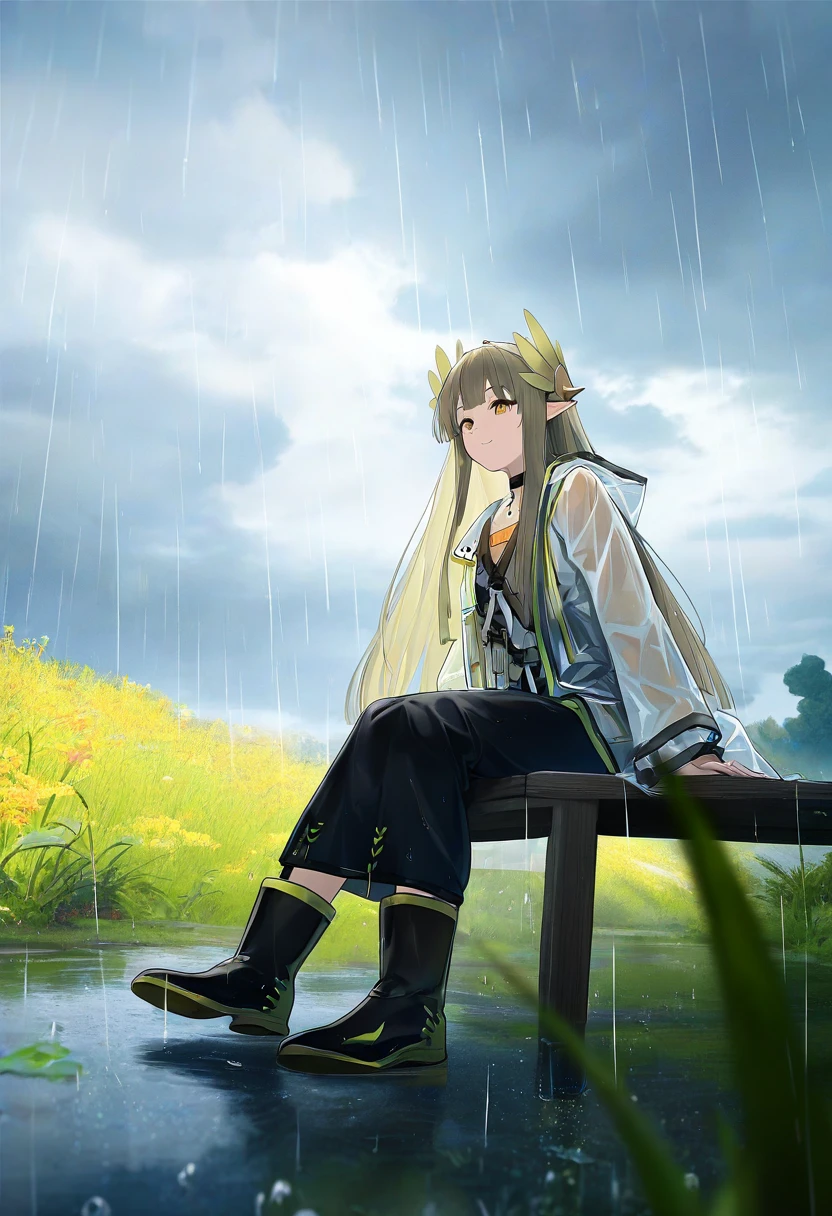 ((rag ragk)), - 1girl,muelsyse \(arknights\),arknights,cloudy sky,grass,on bench,outdoors,rain,road,yellow rubber boots,see-through coat,sitting,transparent raincoat,water drop,