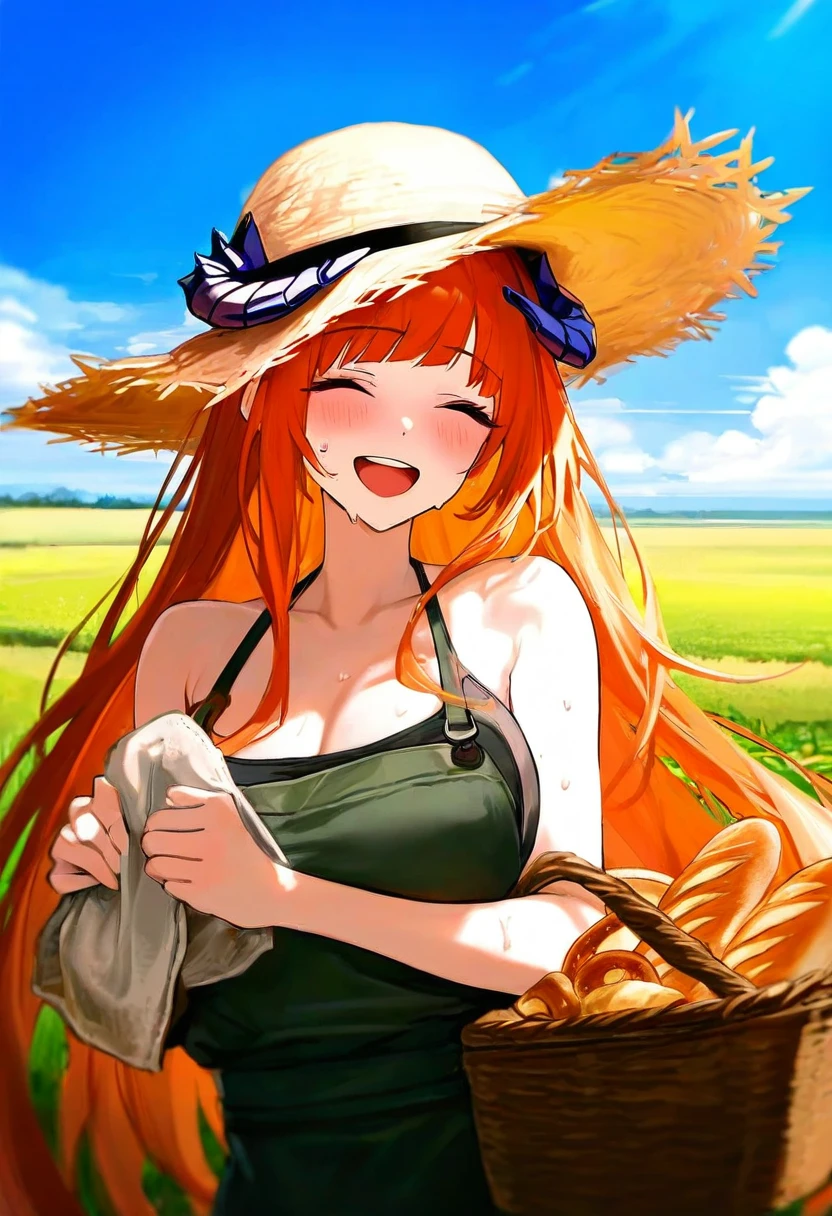 ((rag ragk)), - 1girl,bagpipe \(arknights\),arknights,baguette,blush,bread,croissant,holding basket,pretzel,upper body,straw hat,field,sky,laughing,sweat,sunlight,