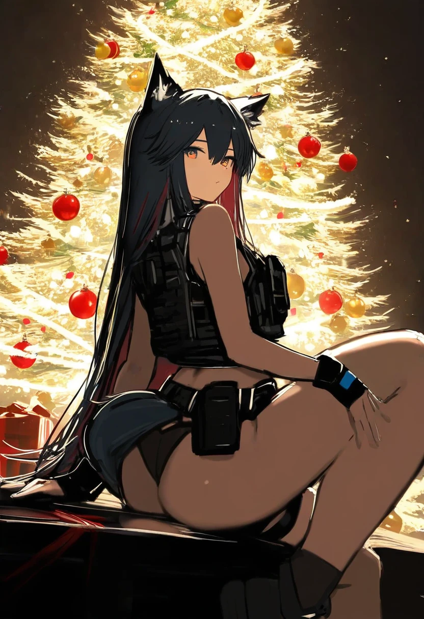 ((senryoko)), - 1girl,texas \(arknights\),arknights,underwear,tactical vest,christmas tree,christmas ornaments,