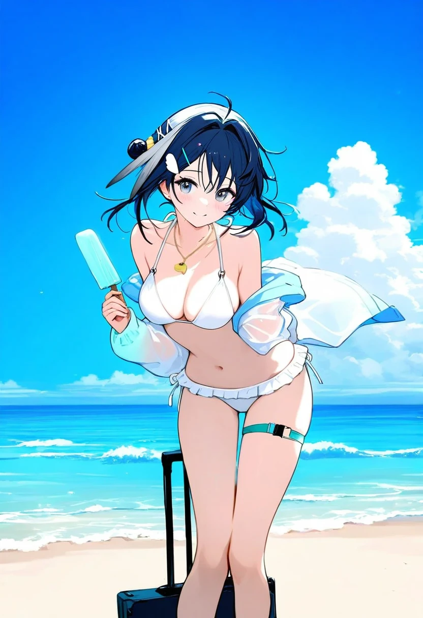 ((senryoko)), - 1girl,la pluma \(summer flowers\) \(arknights\),arknights,white bikini,outdoors,navel,day,sky,blue sky,beach,suitcase,looking at viewer,ocean,low-tied long hair,leaning forward,standing,holding,frills,hand up,bare shoulders,floating hair,