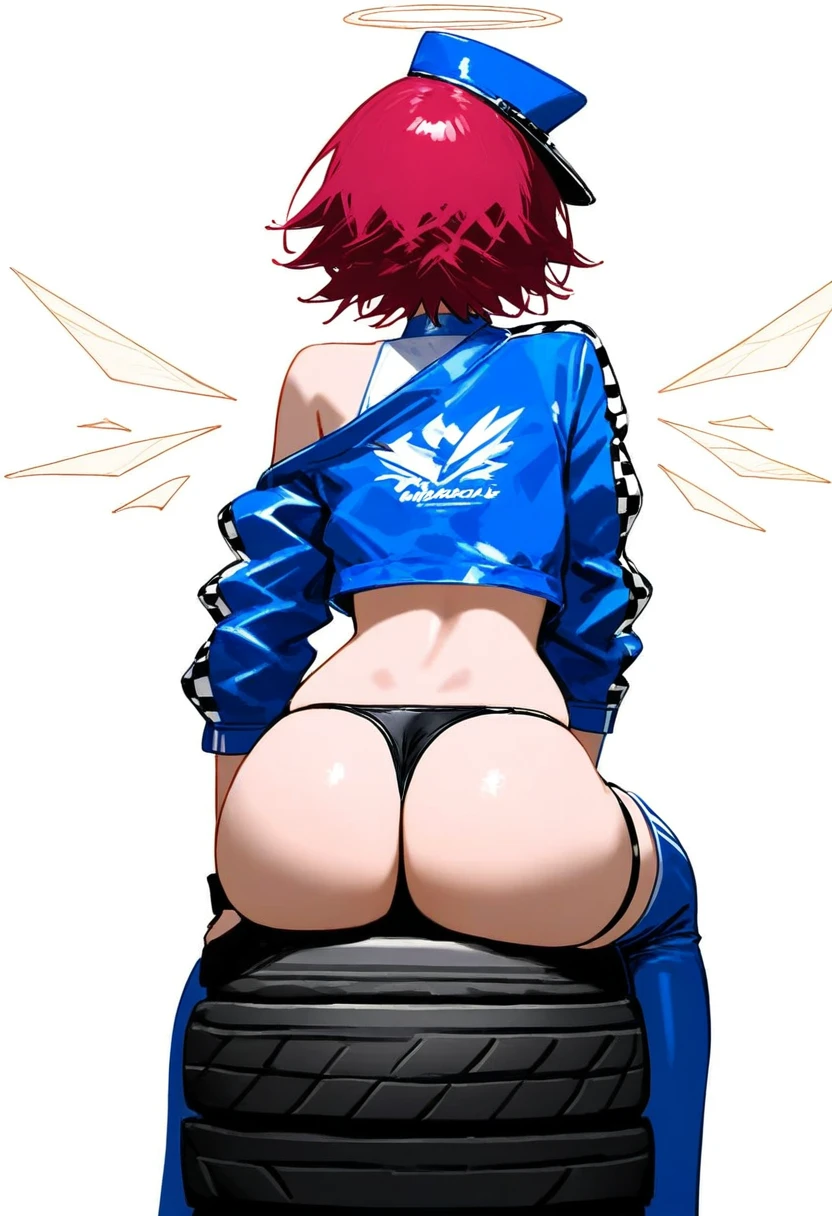 ((senryoko)), - 1girl,exusiai \(arknights\),arknights,black gloves,black panties,blue thigh boots,blue hat,blue jacket,long sleeves,race queen,thigh strap,thong,single bare shoulder,skindentation,tire,