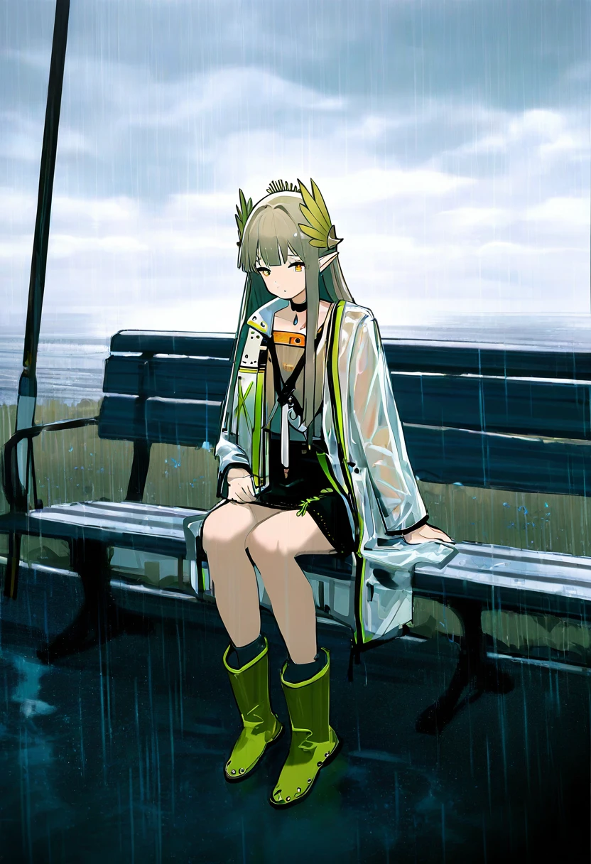 ((senryoko)), - 1girl,muelsyse \(arknights\),arknights,cloudy sky,grass,on bench,outdoors,rain,road,yellow rubber boots,see-through coat,sitting,transparent raincoat,water drop,