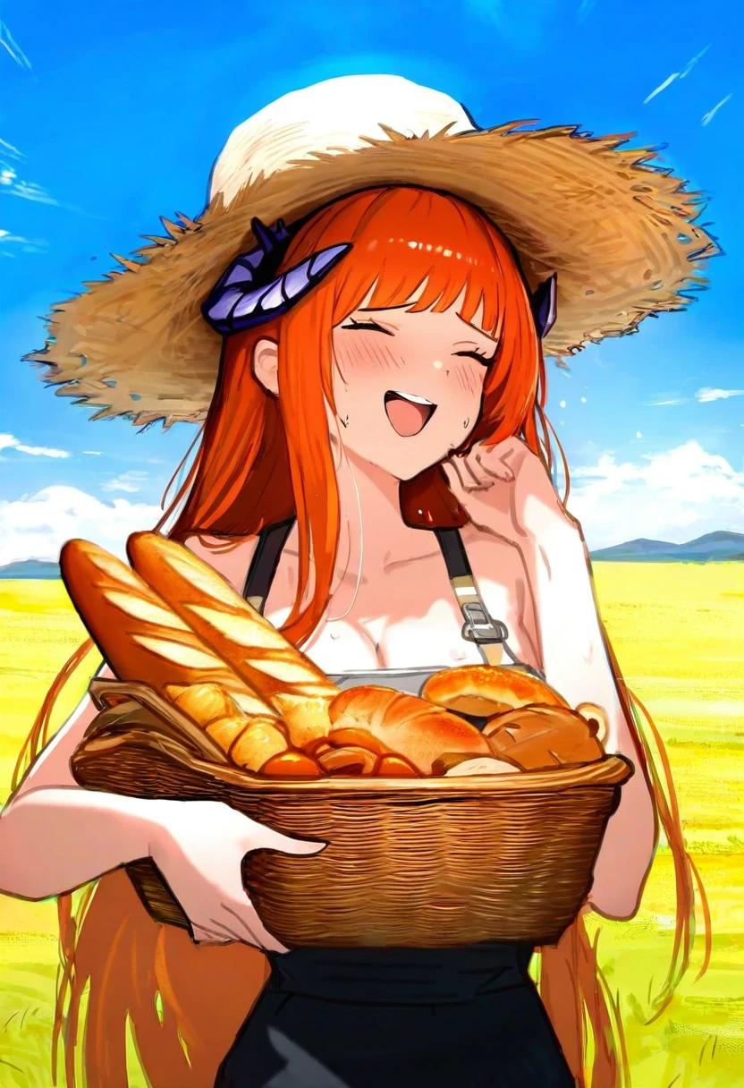 ((senryoko)), - 1girl,bagpipe \(arknights\),arknights,baguette,blush,bread,croissant,holding basket,pretzel,upper body,straw hat,field,sky,laughing,sweat,sunlight,
