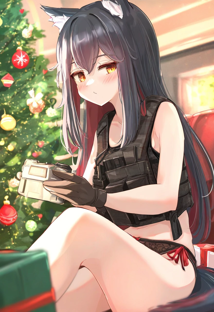 ((skycappuccino)), - 1girl,texas \(arknights\),arknights,underwear,tactical vest,christmas tree,christmas ornaments,