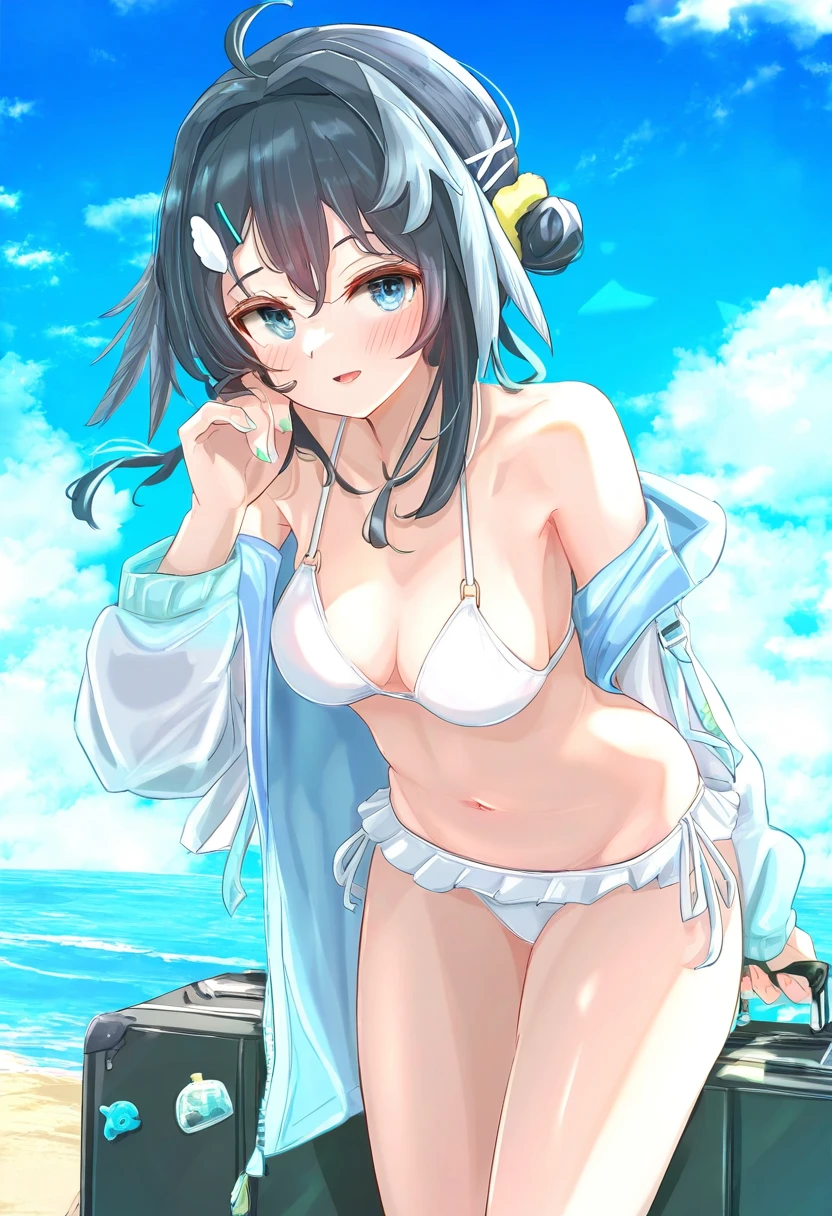 ((skycappuccino)), - 1girl,la pluma \(summer flowers\) \(arknights\),arknights,white bikini,outdoors,navel,day,sky,blue sky,beach,suitcase,looking at viewer,ocean,low-tied long hair,leaning forward,standing,holding,frills,hand up,bare shoulders,floating hair,