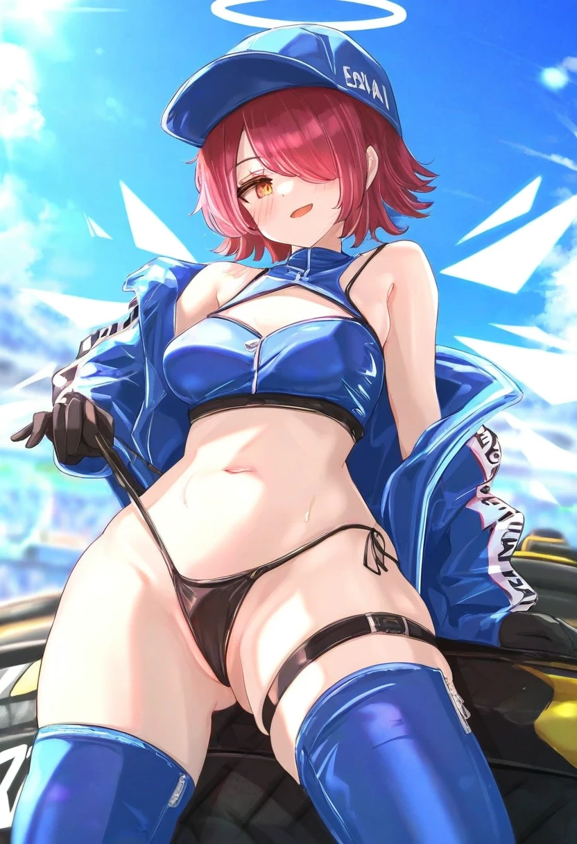 ((skycappuccino)), - 1girl,exusiai \(arknights\),arknights,black gloves,black panties,blue thigh boots,blue hat,blue jacket,long sleeves,race queen,thigh strap,thong,single bare shoulder,skindentation,tire,