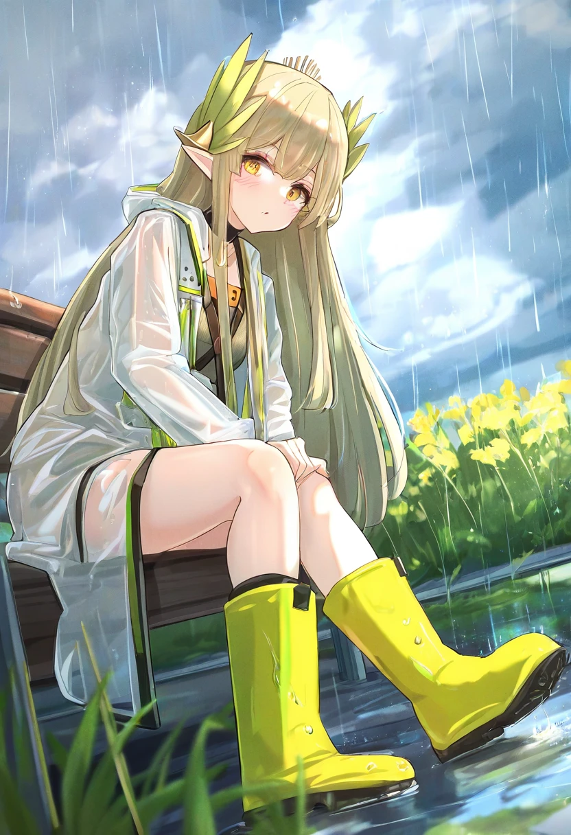 ((skycappuccino)), - 1girl,muelsyse \(arknights\),arknights,cloudy sky,grass,on bench,outdoors,rain,road,yellow rubber boots,see-through coat,sitting,transparent raincoat,water drop,