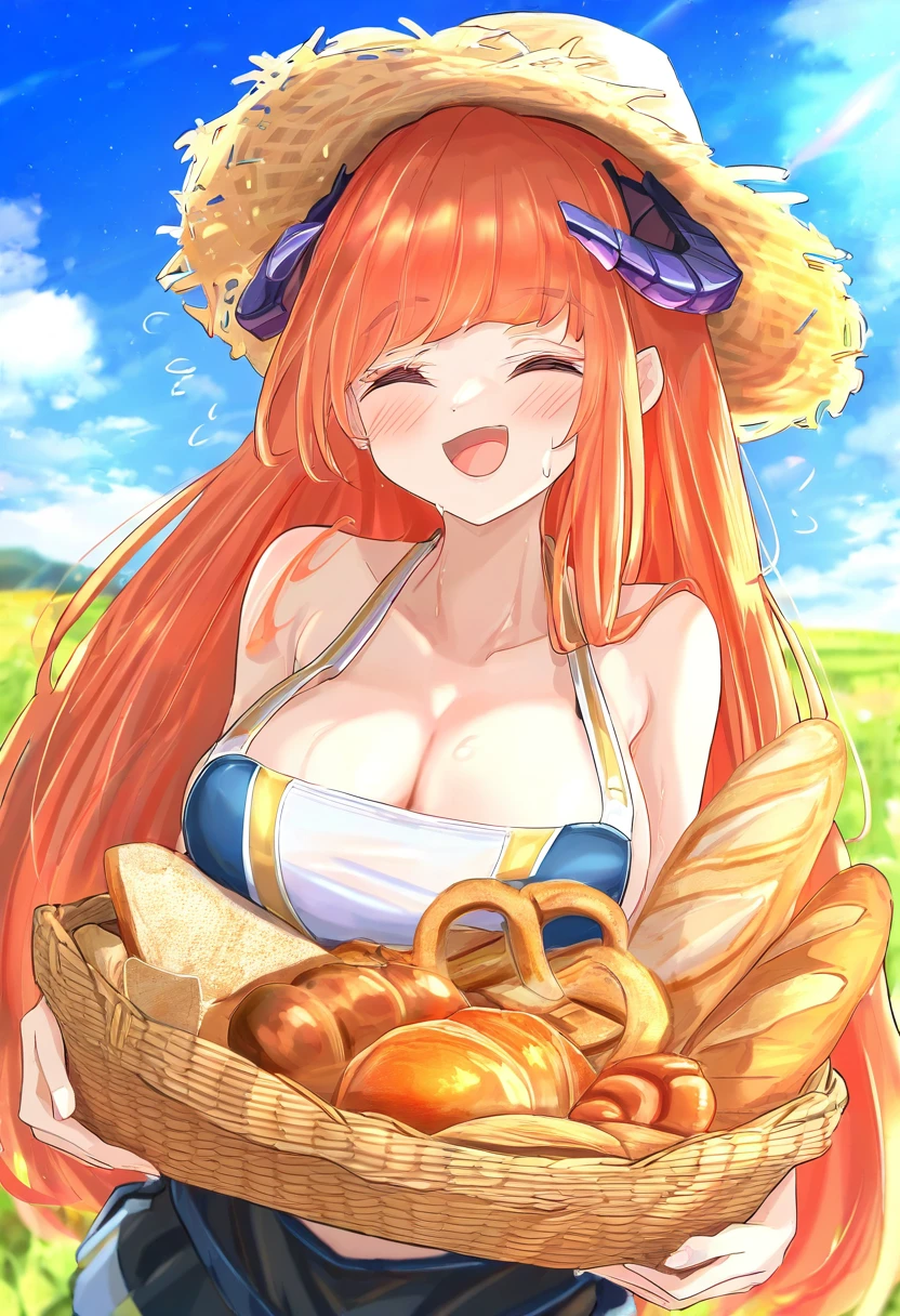 ((skycappuccino)), - 1girl,bagpipe \(arknights\),arknights,baguette,blush,bread,croissant,holding basket,pretzel,upper body,straw hat,field,sky,laughing,sweat,sunlight,
