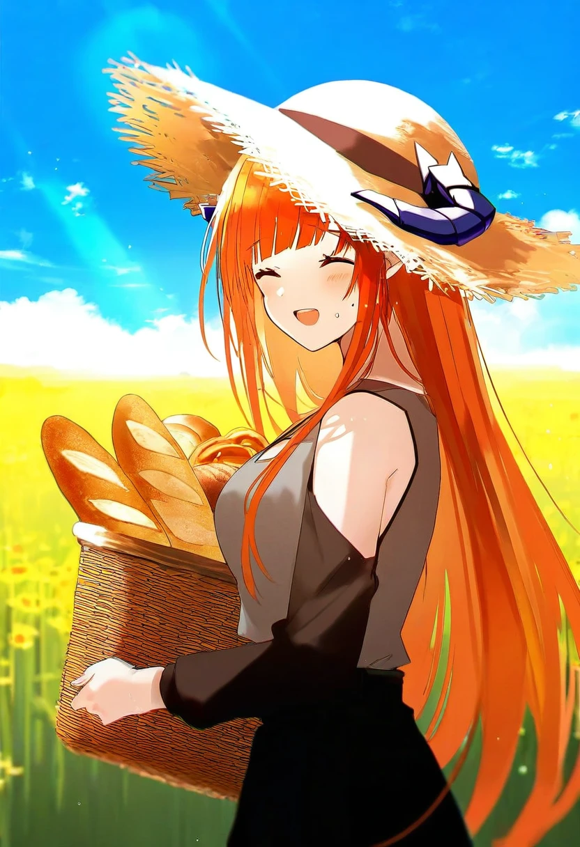 yuzuyomogi, - 1girl,bagpipe \(arknights\),arknights,baguette,blush,bread,croissant,holding basket,pretzel,upper body,straw hat,field,sky,laughing,sweat,sunlight,