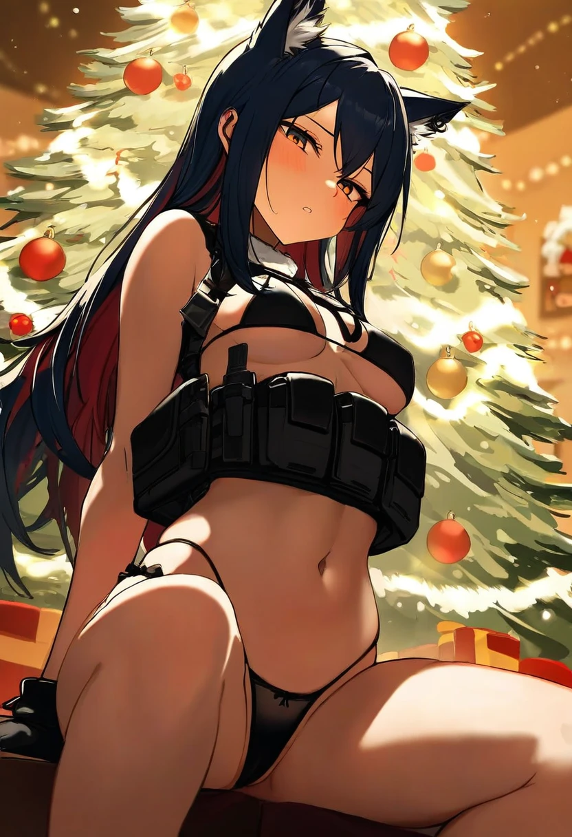 ((((riyo \(lyomsnpmp\))))), - 1girl,texas \(arknights\),arknights,underwear,tactical vest,christmas tree,christmas ornaments,