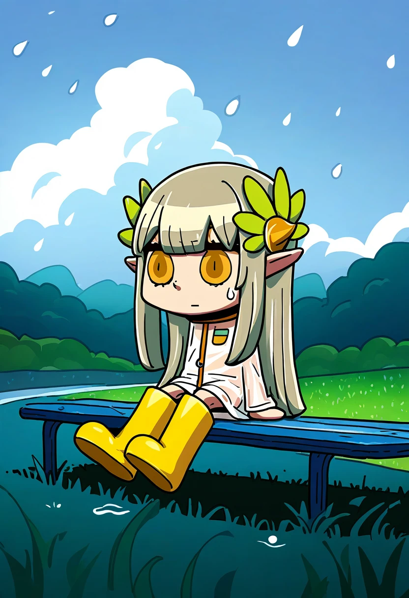 ((((riyo \(lyomsnpmp\))))), - 1girl,muelsyse \(arknights\),arknights,cloudy sky,grass,on bench,outdoors,rain,road,yellow rubber boots,see-through coat,sitting,transparent raincoat,water drop,
