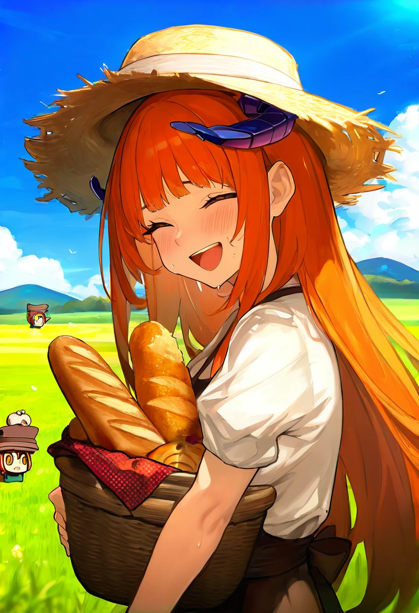 ((((riyo \(lyomsnpmp\))))), - 1girl,bagpipe \(arknights\),arknights,baguette,blush,bread,croissant,holding basket,pretzel,upper body,straw hat,field,sky,laughing,sweat,sunlight,