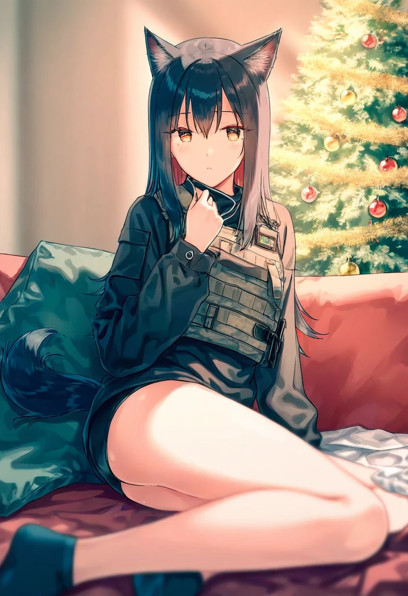 hiten \(hitenkei\), - 1girl,texas \(arknights\),arknights,underwear,tactical vest,christmas tree,christmas ornaments,