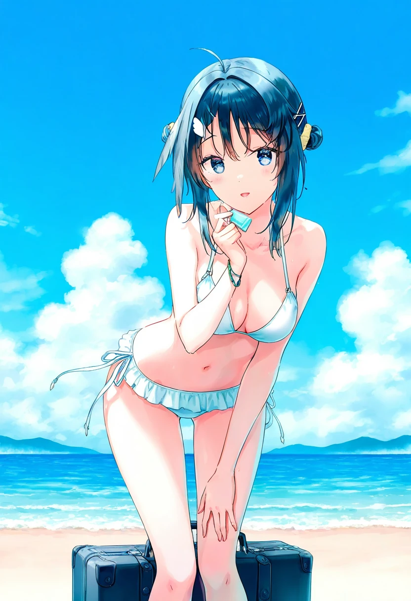 hiten \(hitenkei\), - 1girl,la pluma \(summer flowers\) \(arknights\),arknights,white bikini,outdoors,navel,day,sky,blue sky,beach,suitcase,looking at viewer,ocean,low-tied long hair,leaning forward,standing,holding,frills,hand up,bare shoulders,floating hair,