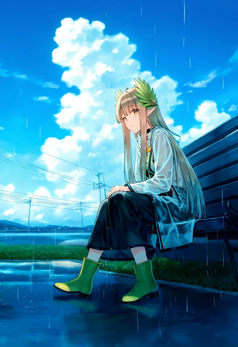 hiten \(hitenkei\), - 1girl,muelsyse \(arknights\),arknights,cloudy sky,grass,on bench,outdoors,rain,road,yellow rubber boots,see-through coat,sitting,transparent raincoat,water drop,