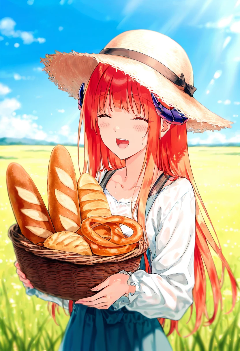 hiten \(hitenkei\), - 1girl,bagpipe \(arknights\),arknights,baguette,blush,bread,croissant,holding basket,pretzel,upper body,straw hat,field,sky,laughing,sweat,sunlight,