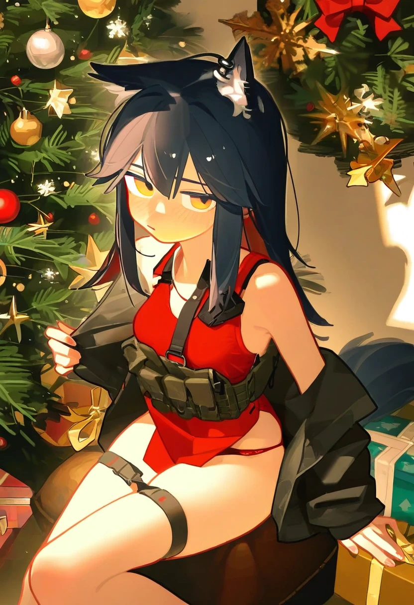tianliang duohe fangdongye, - 1girl,texas \(arknights\),arknights,underwear,tactical vest,christmas tree,christmas ornaments,