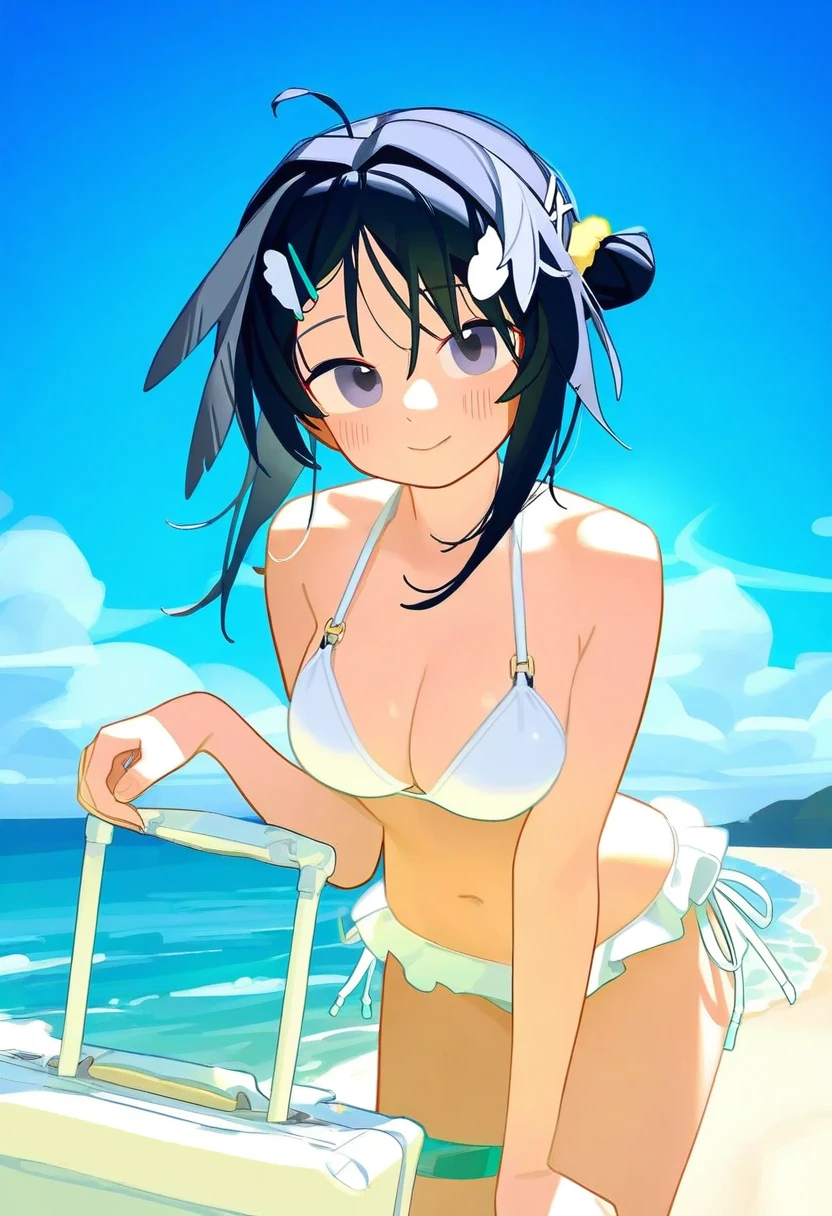tianliang duohe fangdongye, - 1girl,la pluma \(summer flowers\) \(arknights\),arknights,white bikini,outdoors,navel,day,sky,blue sky,beach,suitcase,looking at viewer,ocean,low-tied long hair,leaning forward,standing,holding,frills,hand up,bare shoulders,floating hair,