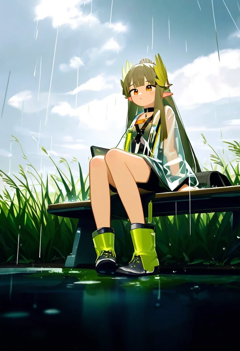 tianliang duohe fangdongye, - 1girl,muelsyse \(arknights\),arknights,cloudy sky,grass,on bench,outdoors,rain,road,yellow rubber boots,see-through coat,sitting,transparent raincoat,water drop,